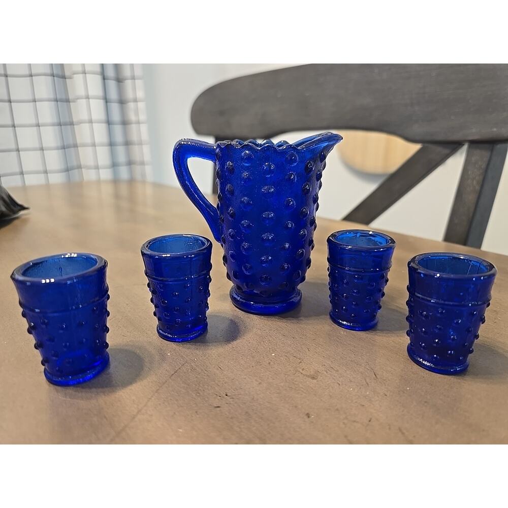 Fenton Cobalt Blue Hobnail Miniature Pitcher and Glass Set